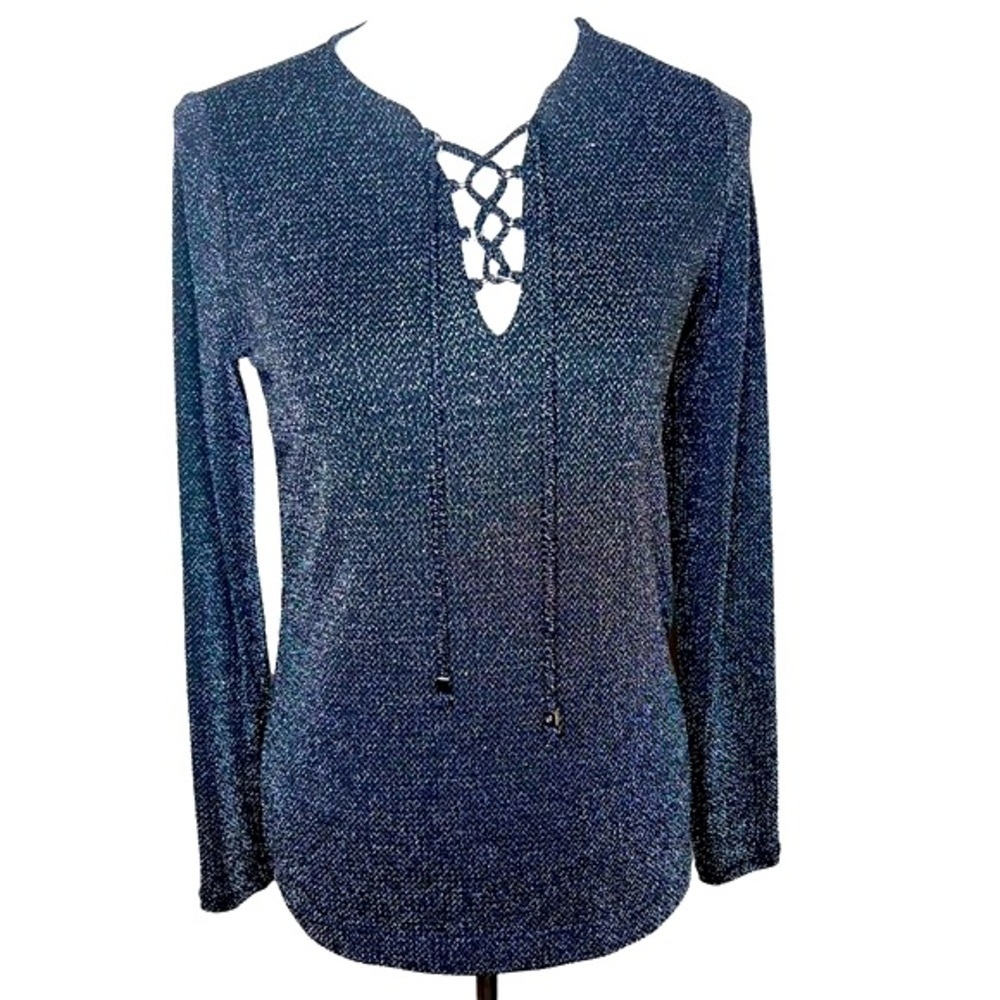 Michael Kors Black Shimmer Criss-Cross V-Neck Long Sleeve Top Size S Stretch